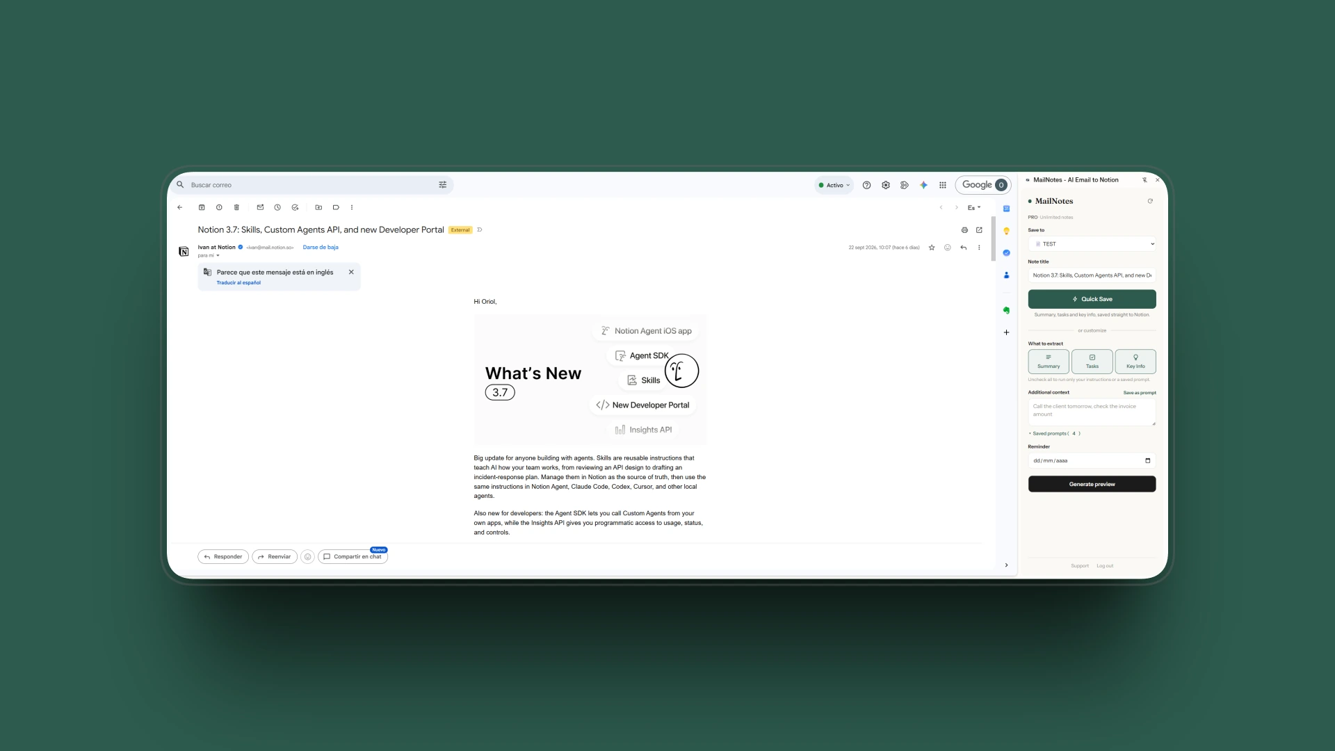 Un correo abierto en Gmail con el panel lateral de MailNotes a la derecha
